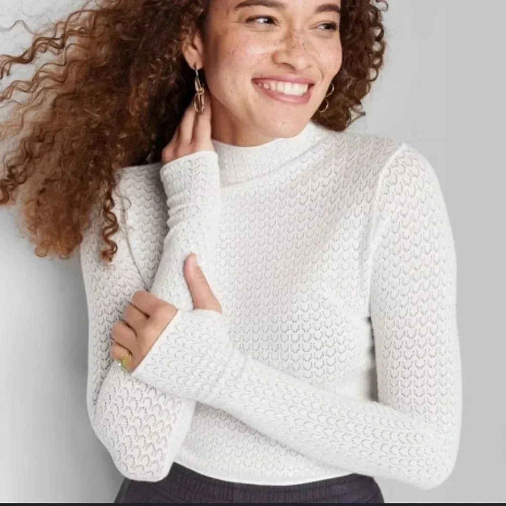 Wild Fable Mock Turtleneck Pointelle Pullover Sweater Off White Size XXL